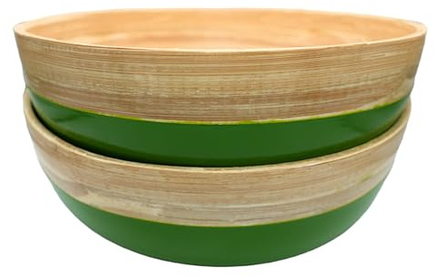 Grön bambu serveringsskålar – set med 2 handgjorda träskålar för pasta, sallad, snacks och frukt – miljövänlig, hållbar och lätt – 20 x 6 cm – glansig grön finish