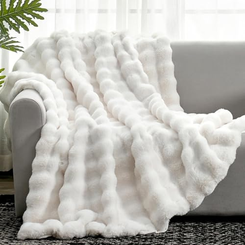 Weaveinbay Kunstpelz-Decke, Flauschige weiche Plüschdecke mit Dicker Bubble-Kaninchenfellstruktur für Bett, Couch, Sofa, Weiß, 127 × 152 cm