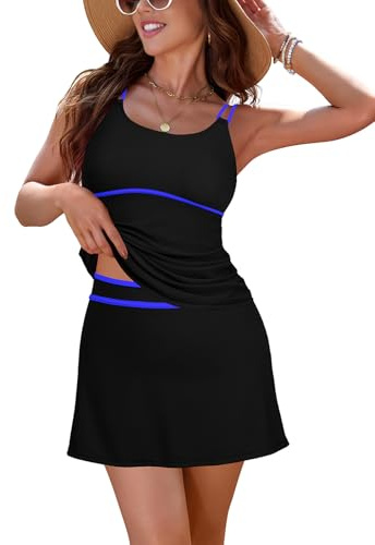 SHEKINI Tankini set för kvinnor, U-urringning, tvådelad, magkontroll, baddräkt, tankini topp med kjol, elegant badmode, sommar, baddräkter, baddräkter, strandmode, Svart, blått, L