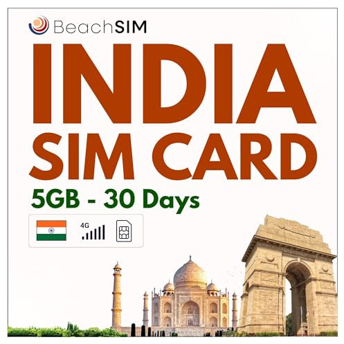 BeachSIM Tarjeta SIM India paran30 dias. 5GB de Datos a velocidades 4G/5G. Solo SIM de Datos prepago. Activación rápida. Fácil Recarga. Funciona en Dispositivos iOS y Android.