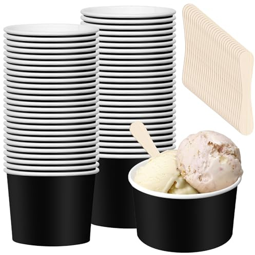 50 stycken miljövänliga universella kartongglassbägare, 240 ml glassbägare av papper med 50 stycken skedar, dessertkoppar kartong, komposterbara muggar, mellanmål i papper för is, yoghurt, svart