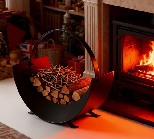 Kingson Firewood Log Basket for Indoor Fireplace – Arched Steel Log Holder with Flat Iron Handle – Black Firewood Storage – Decorative Fire Log Carrier 35x28x36cm