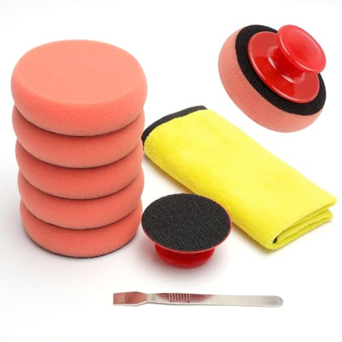 Pack of 5 Polishing Sponge Car Polishing Sponges Applicator Pad Hand Polishing Sponge Polishing Set Polish Sponge with Non-Slip Handle Polishing Pad Polishing Pads with Towel Scraper for Motorcycle