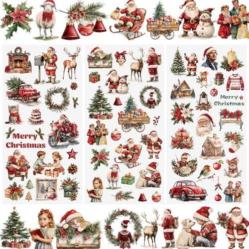 WANDIC 3 Blatt Rub on Sticker Weihnachten,Scrapbook Stickers Wasserfest Transferaufkleber Retro Weihnachten DIY Aufkleber für Tagebuch Becher Möbel Handwerk,A-Stil,15 x 30 cm