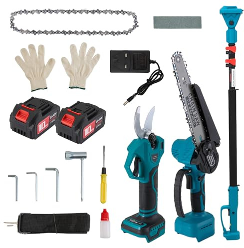 DKIEI Electric Brushless Chainsaw & Garden Scissors Set with Extension Pole & 2 Battery, Mini Cordless Chainsaw 8 Inch & Scissors 30mm, Handheld Power Tools for Cutting Wood and Trimming