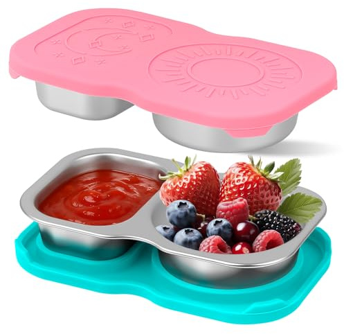 Yuecda 2 Pack Stainless Steel 2-Compartment Small Snack Containers with Lids, Reusable Snack Pack Containers, Lunch Box Accessories, Double Compartment Salad Dressing Containers to Go,