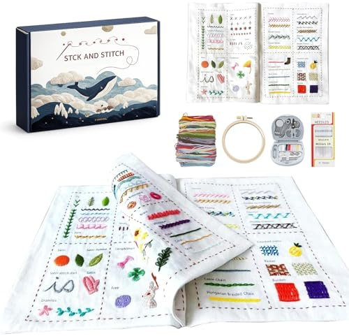 Kit Ricamo Principianti 49 Pezzi, Set Ricamo per Adulti, Libro da Ricamo in Lino con una Varietà di Motivi con Istruzioni per Cucire, Strumenti da Cucito
