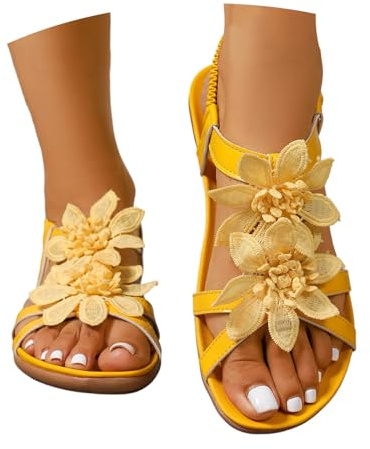 DFEK Womens Flat Sandals Summer Embroidery Flower Beach Flip Flops Ladies Thongs Elastic T-Strap Bohemian Shoes Casual Vacation