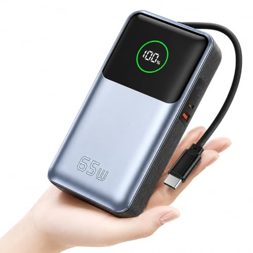 SLuB Batterie Externe 26800mAh 65W PD USB-C avec Câbles Intégrés | Charge Rapide, 3 Appareils Simultanément, PC Portable, iPhone 17/16, iPad, Android, Ultra Fine, Légère, Voyage, Urgence