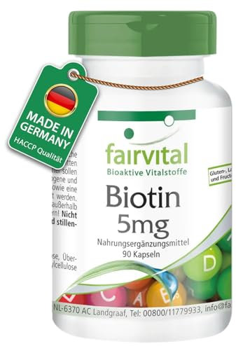 Fairvital | Biotin 5mg - 90 Kapseln - mit 5000mcg Vitamin B7 pro Kapsel - HOCHDOSIERT - laktosefrei - VEGAN