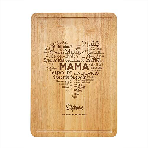 Casa Vivente Schneidebrett mit Gravur, Wortherz für Mama, Personalisiert mit Namen, Holzbrett mit Saftrille, Küchenutensilien, Muttertagsgeschenk