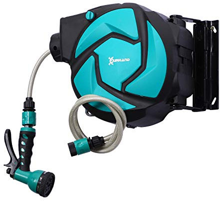 DURHAND 10m Garden Hose Reel Wall Mounted Auto Rewind with 7 Patterns Spray Nozzle, Includes Wall Fixings