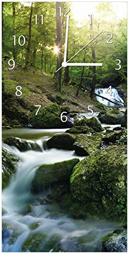 Wallario Design-Wanduhr Fließender Bach im Wald bei Sonnenuntergang aus Glas, Motiv-Uhr Größe 30 x 60 cm, weiße Zeiger