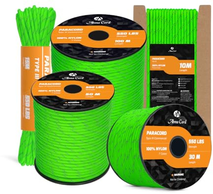 Abma Cord Paracord 550 4mm 30M 100% Nylon Seil Typ III Schnur mit 7 Kern für Basteln, Camping, Survival, Outdoor - Max. 250kg (550lbs) - Reflektierend Neon Grün