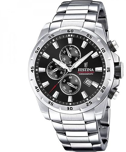 Festina Montre Homme Analogique en Acier Inoxydable 316L - Mouvement Quartz - Chronographe - Calendrier - Verre Minéral Haute Résistance - Étanche 10 ATM - Casual F20463/4 Chrono Sport