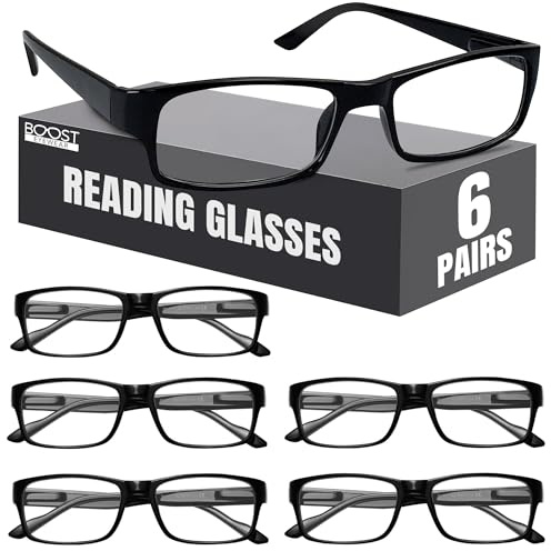Boost Eyewear 6 Pack Reading Glasses, Traditional Black Frames, for Men and Women, with Comfort Spring Loaded Hinges, Black, 6 Pairs (+2.25)