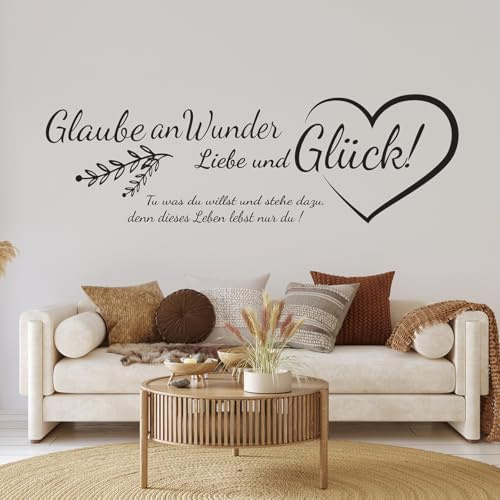 tjapalo® pk229 Spruch Wandtattoo Glaube an Wunder Liebe und Glück wandtattoo wohnzimmer sprüche Wandtattoo zitat Wandsticker Flur und Diele, Farbe: Schwarz, Größe: B80xH27cm