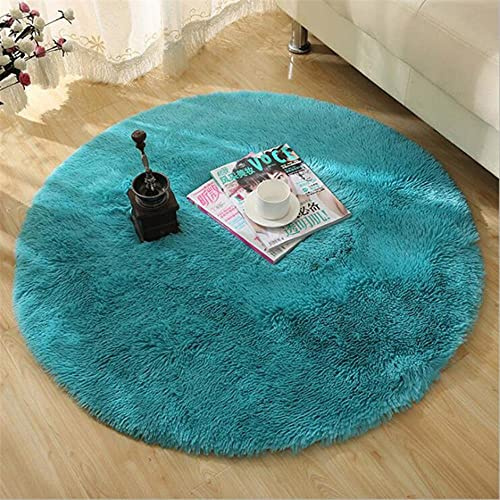 Flauschige Runde Teppich Teppiche für Wohnzimmer Dekor Kunstpelz Teppiche Kinderzimmer Lange Plüsch Teppiche für Schlafzimmer Hochflor Teppich Moderne Matten-Blau,140X140cm