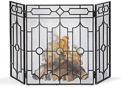 MMQGQ store Funkenschutz Schwarzer Schmiedeeiser-Kamin-Bildschirm, 3-Panel-Metall-Feuer-funken-Guard-Gitter, Europäische Antike Abgenutzte Fertig-Kamin-bildschirme, 48,32 × 33.79inch