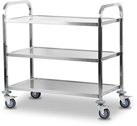 Mahlzeit Edelstahl Servierwagen mit 3 Etagen | 101,5 x 95 x 48,5 cm | Servicewagen mit Rollen und Feststellbremsen | 3 Etagen | Rollwagen, Geschirrwagen, Service Wagen, Catering, Gastro Servierwagen