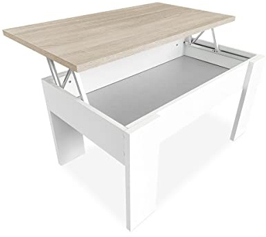 Duérmete Online, Mesa de Centro Elevable, Mesita de Salón o Comedor, Acabado en Color Blanco con Tapa Cambria, Medidas, 90 cm (Ancho) x 50 cm (Fondo) x 46, 57 cm (Alto), Madera, 90 x 50 x 46, 57 cm