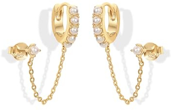 PAVOI 14K Gold Chain Earrings for Women | Double Piercing Dangle Chain Huggie Hoop Earrings | Cubic Zirconia Pearl Stud Ear Cuff Earrings for Women