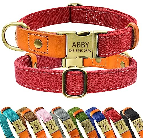 Personalisierte Hundehalsbänder mit Eingravierter Schnalle für Kleine Mittlere Große Hunde, Benutzerdefinierte Nylon & Echtes Leder Nähen Hundehalsband mit Namen