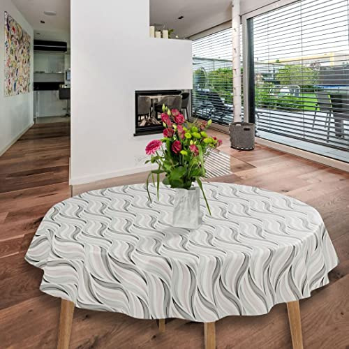 laro Wachstuch-Tischdecke Abwaschbar Garten-Tischdecke Wachstischdecke PVC Plastik-Tischdecken Eckig Meterware Wasserabweisend Abwischbar GAC, Muster:Wellen Pink Grau Weiß, Größe:140cm Rund