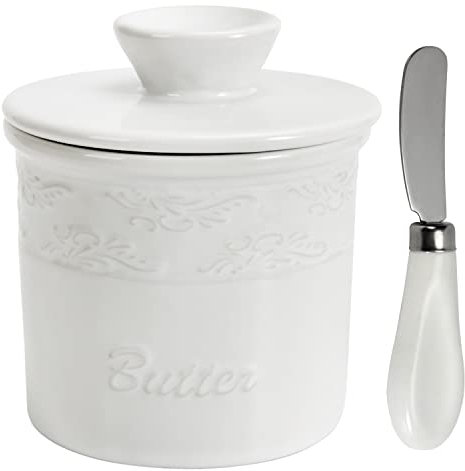 SGAOFIEE Porcelain Butter Crock, Butter Keeper Dish, French Ceramic Crock with Lid, Countertop French Ceramic Butter Dish Keeper for Spreadable Butter, White