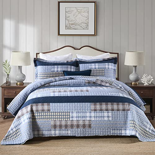 PANGUSHAN Quilt-Set für Queen-Size-Betten, 100% Baumwolle, Tagesdecken, Patchwork, kariert, Bauernhaus, wendbar, leicht, Steppdecke, Tagesdecke für Queen-Bett, blau, 3-teilig