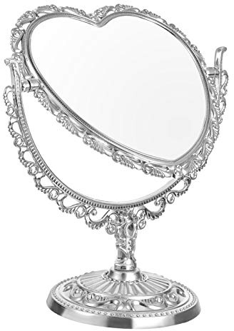 Luxshiny Retro Herzförmiger Schminkspiegel Mit Ständer Doppelseitiger Kosmetikspiegel Klein Für Tisch Make-up Einstellbar Für Badezimmer Schlafzimmer