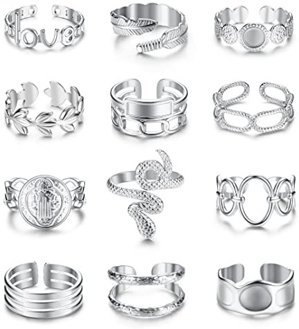 FIOROYAL 12-teiliges 18K vergoldetes Ringe-Set - Damen Verstellbare Ringe mit Schlangen- und Siegelring-Design in Boho-Chunky Silber-Edelstahl