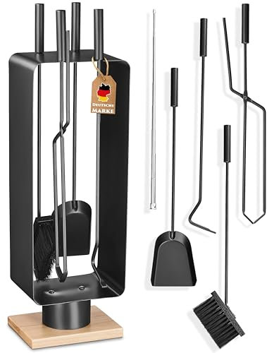 Kaminbesteck modern - Kamingarnitur schwarz mit Besen, Schaufel und Schürhaken - hochwertiger Ofenbesteck - F0312