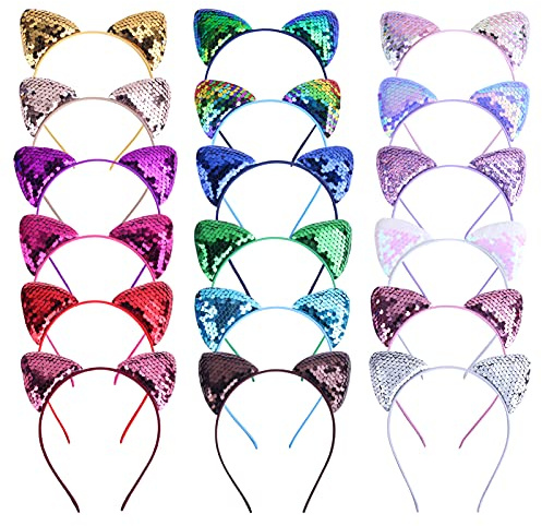 REQO 18 delar kattöron pannband set, söt glitter katthuvud tillbehör, blinkande flickor paljetter huvudbonad festtillbehör för nattklubbar, raves, konsertfest, jul, halloween, vuxna, barn, barn