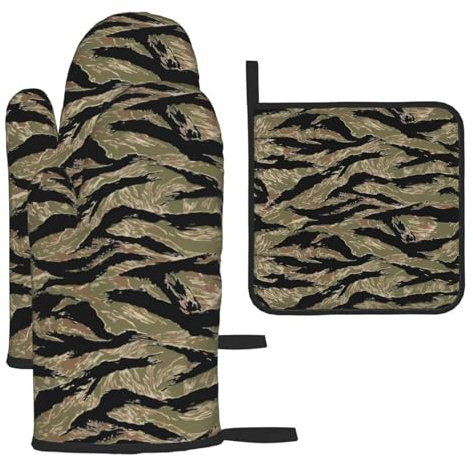 Set di 3 guanti e presine anti-scottature a righe tigrate, per cucinare e grigliare, regalo di Natale per la festa della mamma