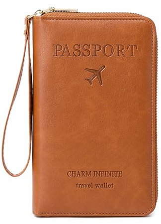 DAITET Reisepasshülle PU Leder für Damen und Herren, RFID-blockierende Reisebrieftasche, Reisepasshalter, Kartenfächer, Dokumenten-Organizer, Handgelenkschlaufe, Braun Gelb