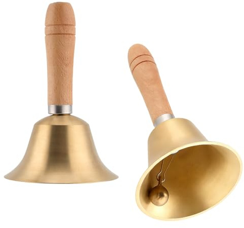YUENPUN 2 st handklocka i trä, extra hög skolklocka, trähandtag, trähandklockor med trähandtag, handklocka i massiv mässing, ringklocka för bröllop, skola, julservice (8 cm)