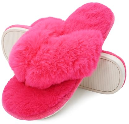 Onmygogo - Pantuflas mullidas con tiras para mujer, con punta abierta, de piel sintética antideslizante para el hogar, 38/39 EU
