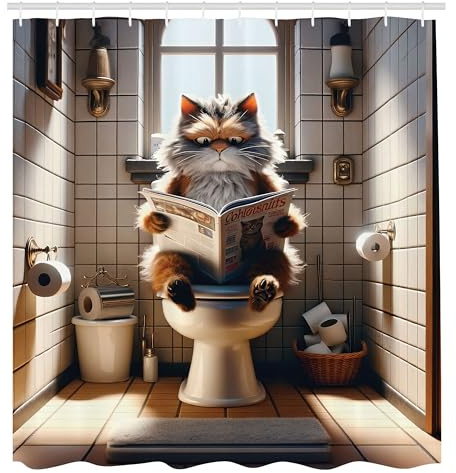 ABAKUHAUS Lustig Duschvorhang, Humorvolle Szene mit Einer Katze die auf Einer Toilette sitzt und Zeitung liest Druck, Stoffliches Gewebe mit Haken, 175 x 200 cm, Verbranntes Orange Türkis Blau