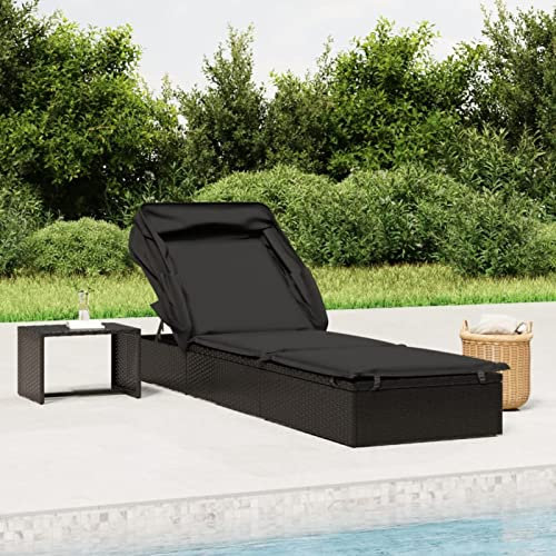 Gecheer Sonnenliegen Faltdach Poly-Rattan Sonnenliege Outdoor Gartenliege Liegestuhl Freizeitliege Relaxliege Liege Strandliege Tagesbett Gartenmöbel, Schwarz 213x63x97 cm Poly Rattan