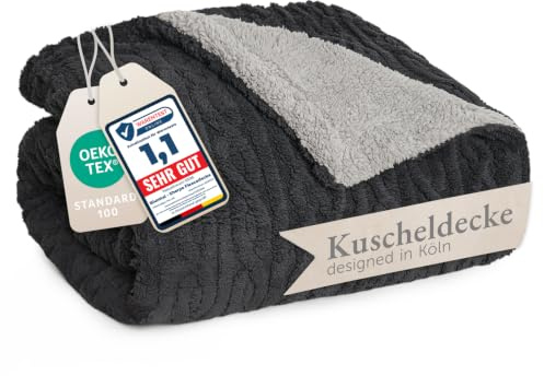 Blumtal Kuscheldecke 130x150 cm mit Zopfstrick-Optik - Oeko-TEX zertifizierte Mikrofaser Fleecedecke mit weicher Sherpa-Innenseite - Kuscheldecke flauschig 130x150 - Anthrazit und Grau
