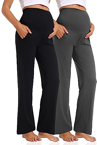 Gowjog 2 Packs Pantalones De Maternidad para Mujer, Pierna Ancha, Pierna Recta sobre El Abdomen, Pantalones De Embarazo con Bolsillos (Negro/Gris Oscuro,M)