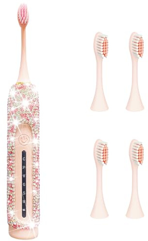 VFUIFRYI Spazzolino elettrico per ragazza spazzolino rosa Bling Diamond Decor portatile da viaggio essenziale per le donne spazzolino rosa con 3 testine di ricambio 6 modalità