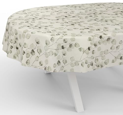 ANRO Wachstuchtischdecke Wachstischdecke Wachstuch Tischdecke abwaschbar Gartentischdecke Wasserabweisend Oval 180x140cm Schnittkante Eukalyptus