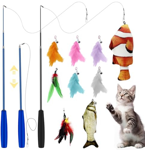 GZqiancang Set di giocattoli per gatti, 11 pezzi, piume, pesce, pesca per gatti