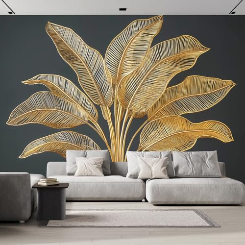 Papier Peint Panoramique Feuille Bananier À Texture Dorée Plantes Abstraites 350×256cm, Papier Peint Géant 3D Salon Chambre Salle à Manger Chambre d'Enfant Décoration Murale