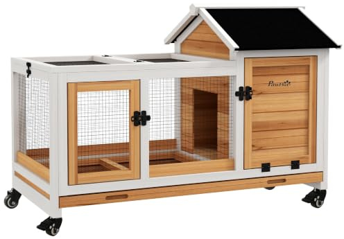 PawHut Clapier Cage à Lapins Rongeurs 108L x 58l x 73,5H cm Bois Jaune | sur Roulettes, 2 Portes Verrouillables, Tiroir à Déjection