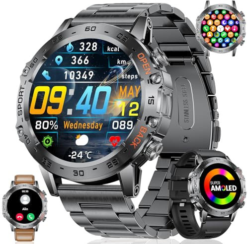 LIGE Militär Smartwatch Herren mit Anruf Texte Erinnerung, 530mAh Akku - 1.45''Amoled Display 100+ Sportmodi Fitnessuhr mit Herzfrequenz, SpO2, Schlafmonitor, Smartwatch für Android iOS, Schwarz