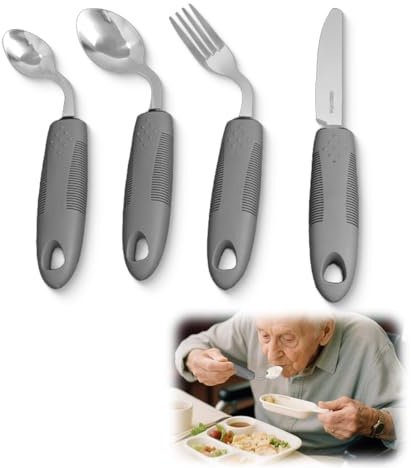 WRQIOO 4-Teiliges Parkinson Besteck, 42° Winkel Adaptives Besteck für Parkinson, Gewichtetes Besteck Bei Tremor für Behinderte Menschen Parkinson Patienten Ältere Arthritis(Grau: Rechtshänder)