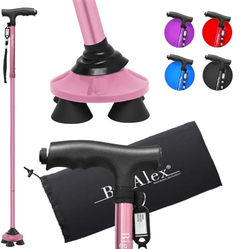 BigAlex Gehstock mit Licht für Damen und Herren, Faltbare, Klappbar, Höhenverstellbare Gehstöcke für Senioren & Erwachsene, Aufstehhilfe, Gehhilfe Stock mit Rutschfester Quad-Basis für Stabil